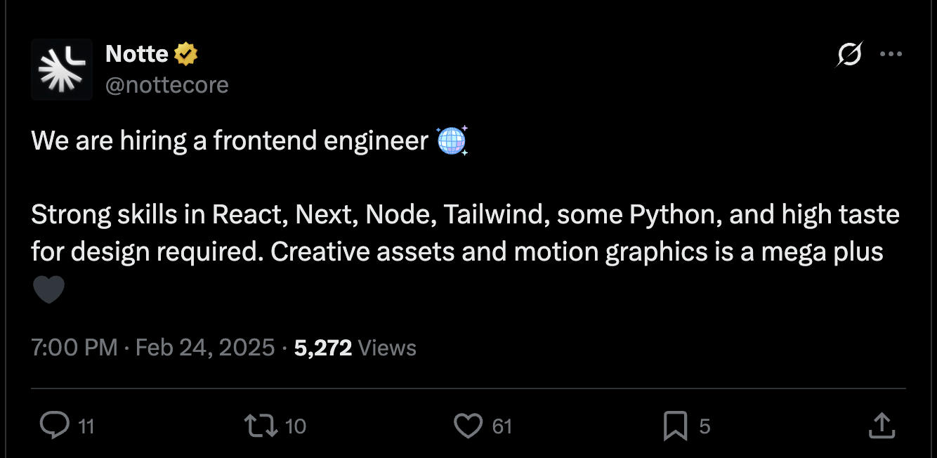 Notte hiring announcement on X